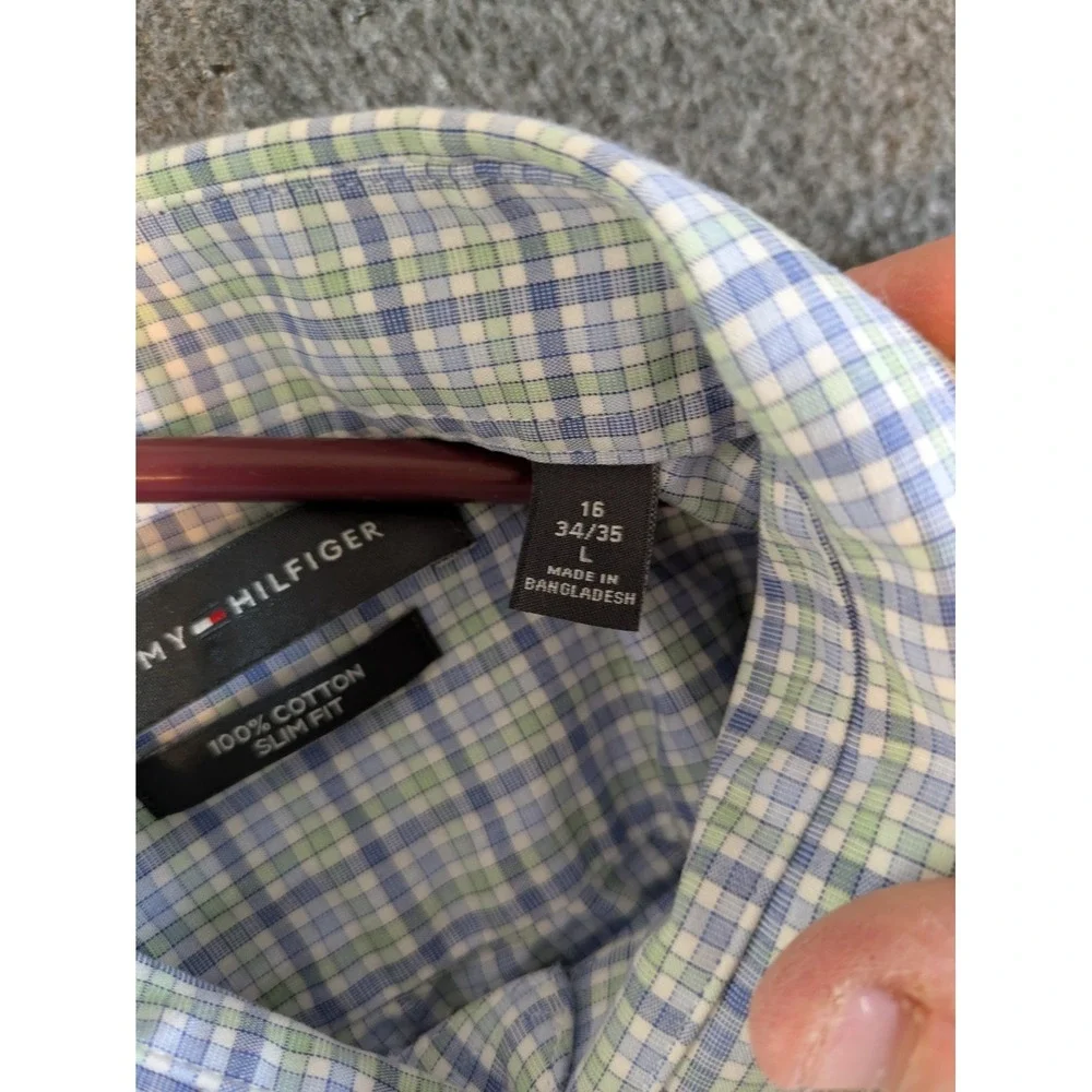 Tommy Hilfiger Shirt Men's Button‎ Up Sz L Blue Plaid Slim Fit Long Sleeve